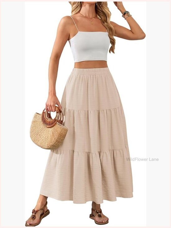Dresses & Skirts - Tiered Maxi Skirt High Waisted A-Line Flowy Long with Pockets